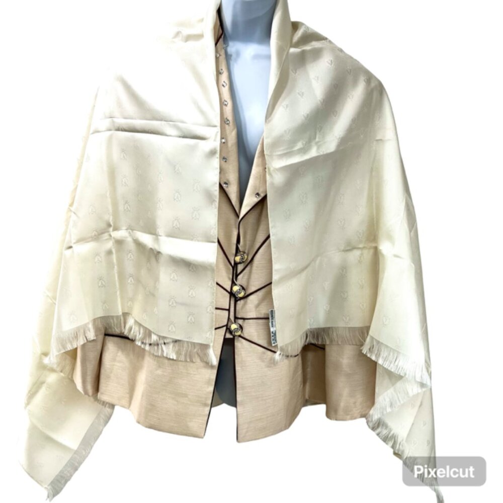 New Unbox HERMES  Stole scarf wrap 100% Silk Satin 58"x36" Ivery Bees FringW/C/A - Picture 3 of 15
